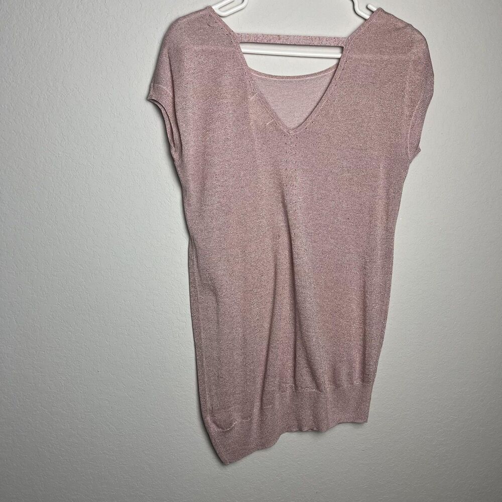 Next Sweater Womens Size 10 Pink Metallic Knit‎ V Neck Tunic Cap Sleeve Top